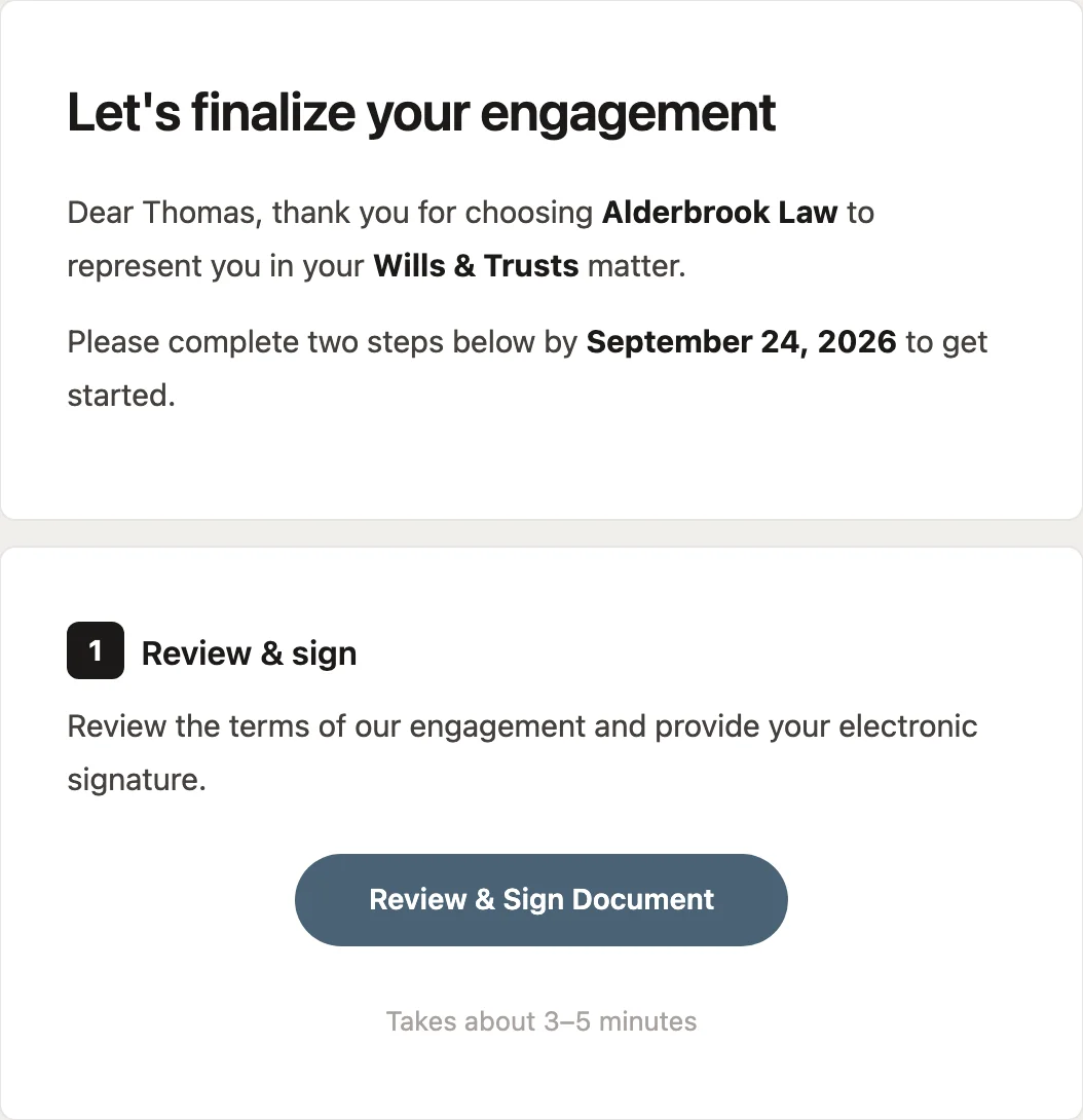 The email Thomas receives from Alderbrook Law, asking him to review and sign the engagement letter.