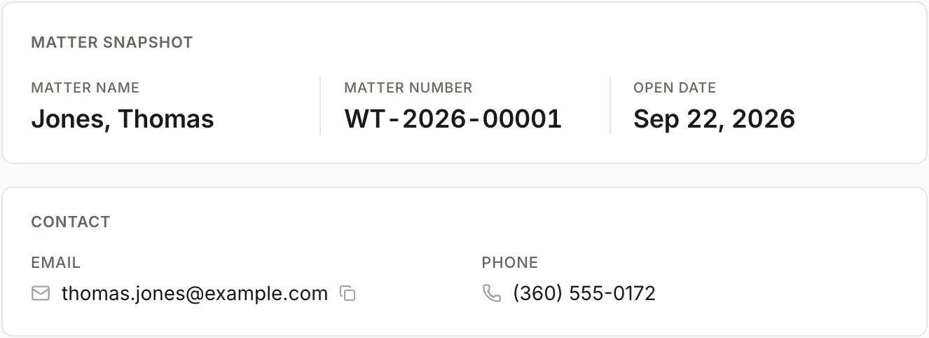 A client's page with the matter snapshot: matter name, number and open date.