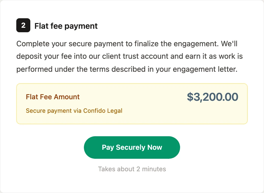 The payment step in the same email: a flat fee of $3,200.00 and a Pay Securely Now button.
